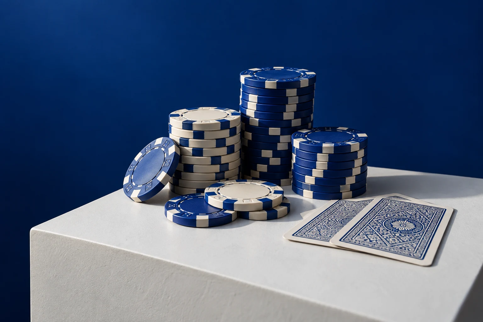 Blauwe casinofiches en speelkaarten op een lichte ondergrond